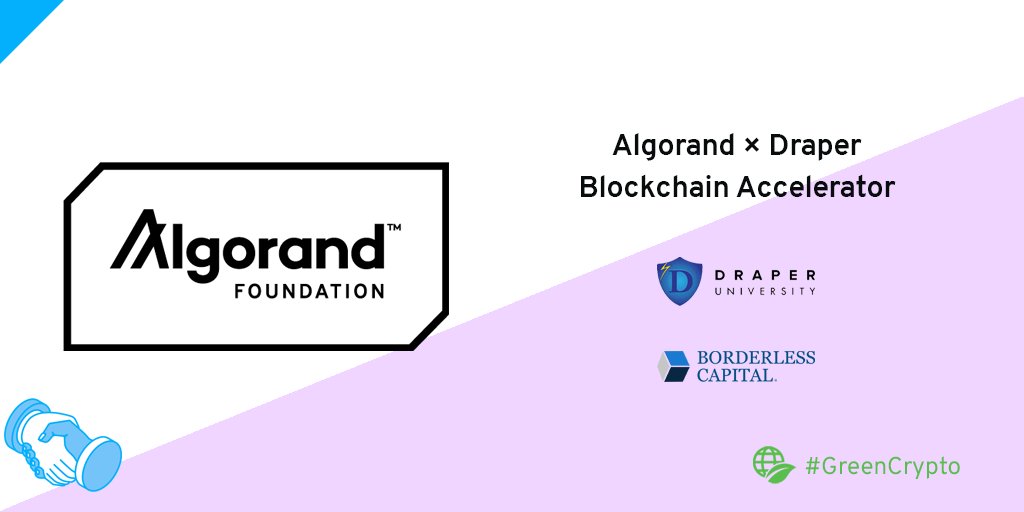 We're excited to partner with <a href="/draper_u/">Draper University</a> &amp; launch the Draper #Blockchain Accelerator Program. The program will support entrepreneurs &amp; early stage projects looking to build applications on <a href="/Algorand/">Algorand Technologies</a>! Applications open until Aug 22nd, 2021. 👉algorand.foundation/news/draper-un… #GreenCrypto