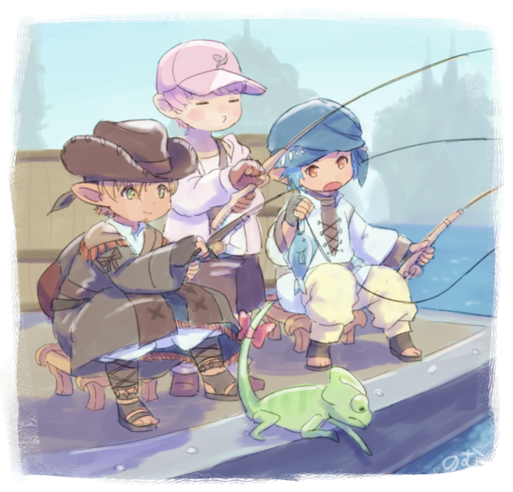 hat fishing fishing rod holding fishing rod blue hair pointy ears multiple boys  illustration images