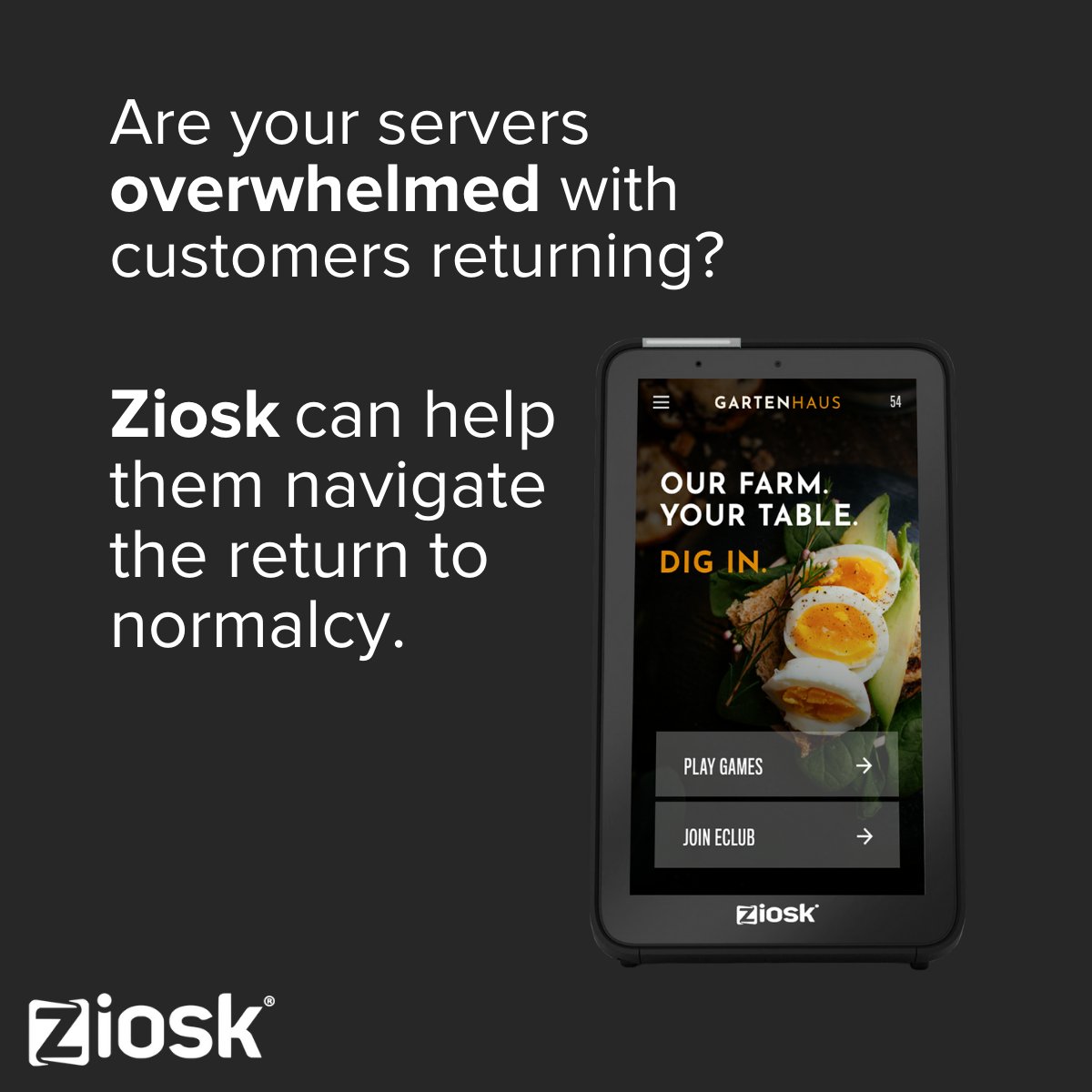 Ziosk (@ziosk) on Twitter photo Are your servers overwhelmed with customers returning? Ziosk can help them navigate the return to normalcy. Ensure your servers are prepared for a busy night with Ziosk. Are your servers overwhelmed with customers returning? Ziosk can help them navigate the return to normalcy. Ensure your servers are prepared for a busy night with Ziosk.
