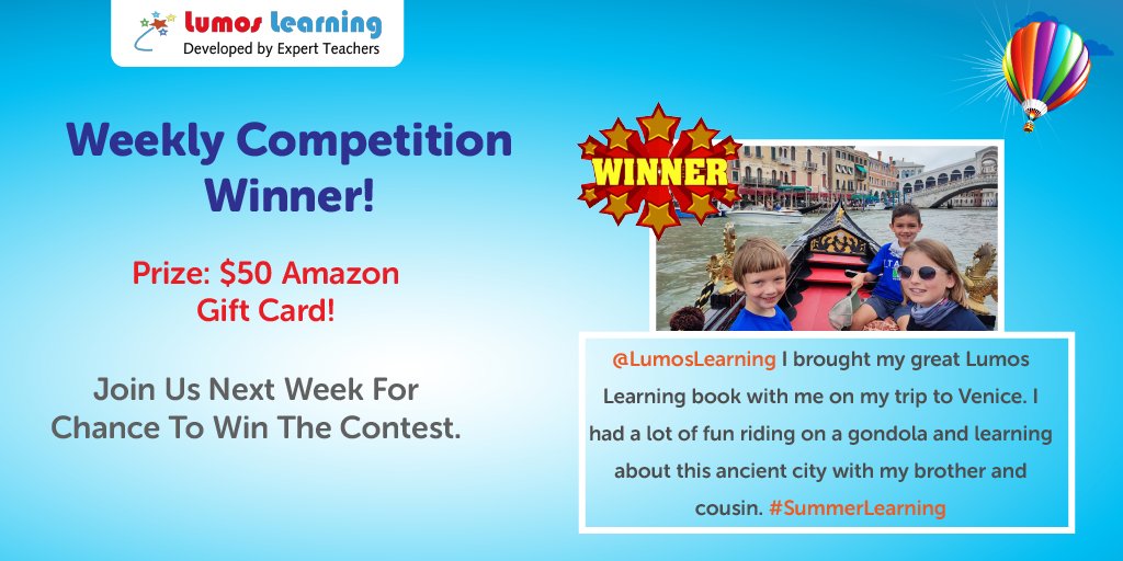 LumosLearnns's tweet photo. We have our #winner .....🥁🥁🥁@AnnikaVMcKay! Thank you to all who joined us! Don't forget to share your #photos and tag us with #summerlearning for a #chance to win a $50 Amazon Gift Card every week! 
#LumosLearning #summeractivities https://t.co/oC6o9fR79P