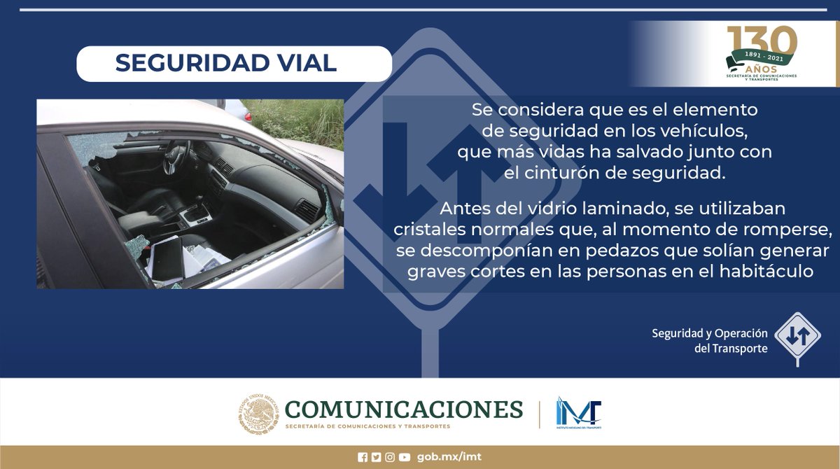 IMT_mx's tweet photo. #SeguridadVial 🚦| El parabrisas laminado se considera  el elemento de #seguridad, que más vidas ha salvado junto con el cinturón de seguridad.

Cápsula informativa de la Coordinación de Seguridad y Operación del Transporte.
Con información de 👉 https://t.co/bK59PQ44qp https://t.co/n7UqnD69jM