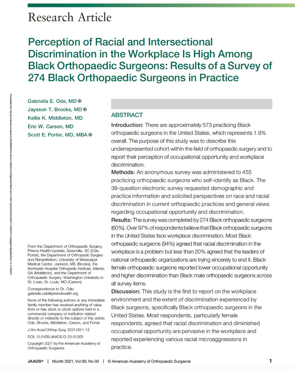 GladdenSociety's tweet photo. Did you know that the majority of black orthopaedic surgeons  reported discrimination and microagressions in the work place? This plight worsened when black female orthopods were evaluated. Please check out this landmark article published in JAAOS. https://t.co/i5u82ReP2a https://t.co/X6ipb1hSso