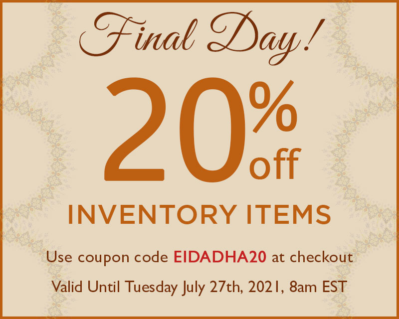 shukr's tweet photo. Today is the last day to save 20% off all inventory items! Use coupon code EIDADHA20 at checkout.

Coupon valid until Tuesday, July 27th, 2021, 8am EST. 

Shop now: 

https://t.co/r1cWocEXsA https://t.co/xIaNgRv2z8