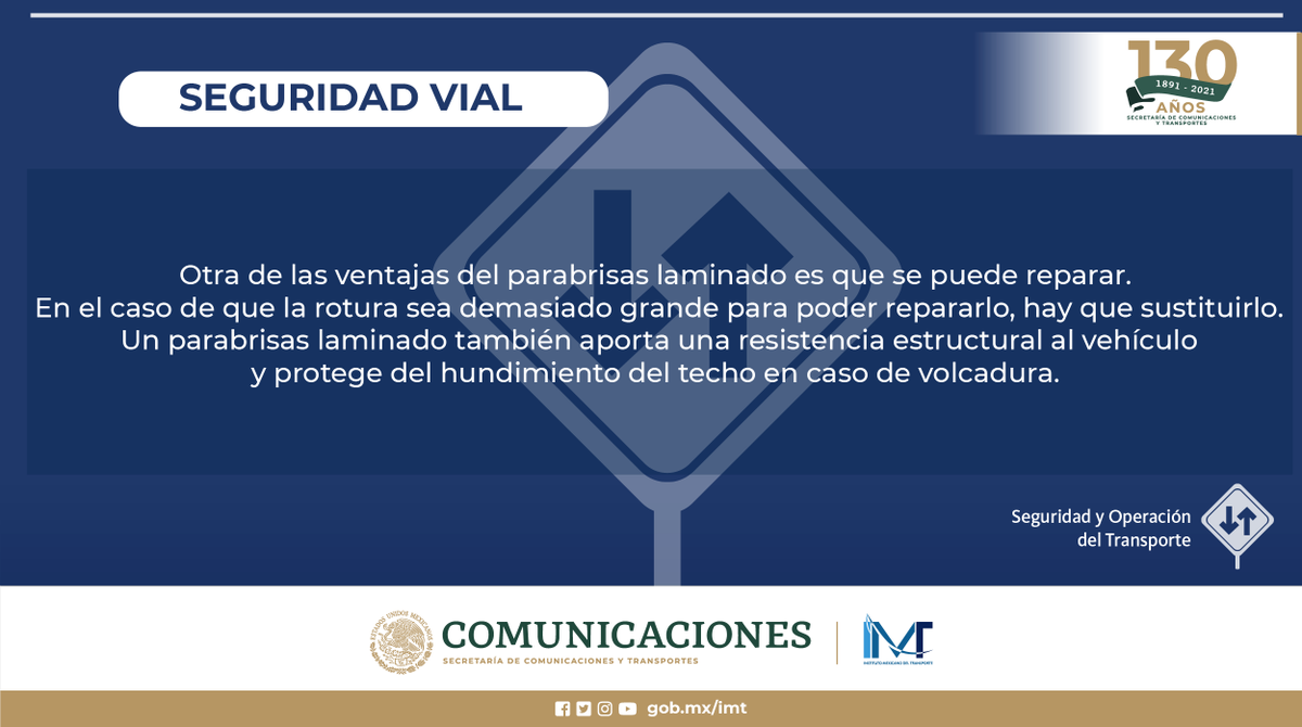 IMT_mx's tweet photo. #SeguridadVial 🚦| El parabrisas laminado se considera  el elemento de #seguridad, que más vidas ha salvado junto con el cinturón de seguridad.

Cápsula informativa de la Coordinación de Seguridad y Operación del Transporte.
Con información de 👉 https://t.co/bK59PQ44qp https://t.co/n7UqnD69jM