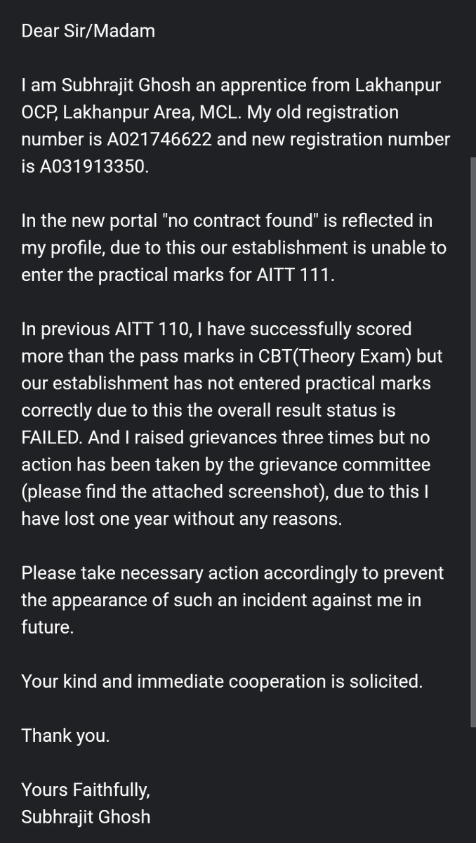 Real_Subhrajit's tweet photo. @mahanadicoal @CoalIndiaHQ @SDTE_Odisha @skilled_odisha @MSDESkillIndia @DGT_MSDE @NCVETIndia @MisNcvt @EduMinOfIndia @PMOIndia @CMO_Odisha @BhubaneswarNsti 
Please help 🙏
It is my request to take necessary action. 
I already suffering a lot. https://t.co/x00MvqIByt
