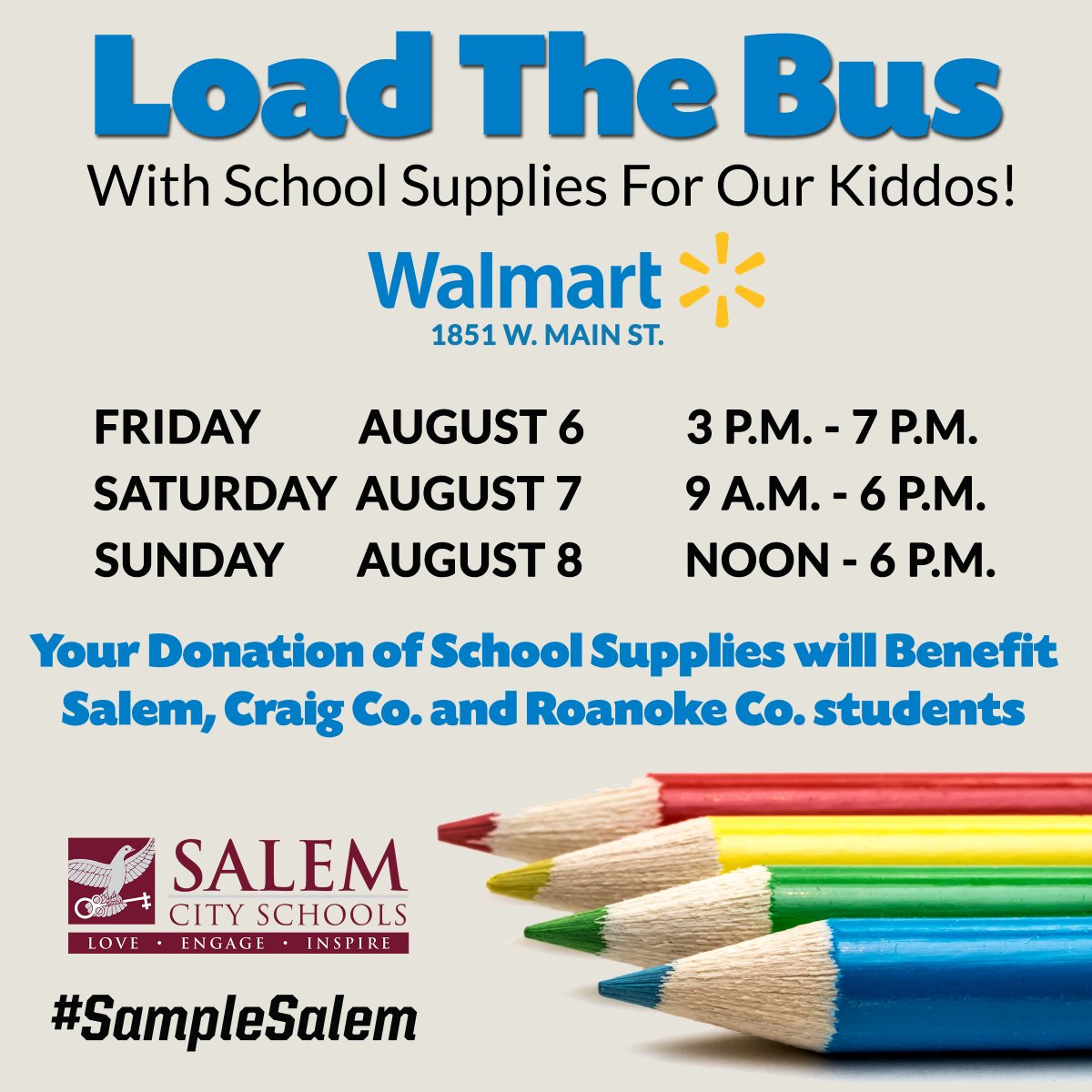 SalemVaSchools's tweet image. It's that time of year... #LoadTheBus for our local students in #SalemVA Craig County and Roanoke Co. If possible, purchase a few extra school supplies during this weekend  in August! #SampleSalem