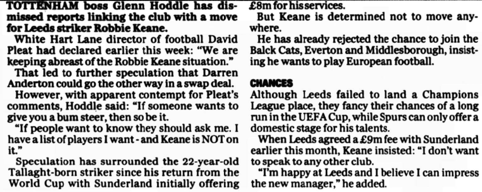 LUSCgriffinLUFC's tweet photo. A bit of transfer speculation #OnThisDay:
From 1998 a 'bold bid' from #lufc for Neil Lennon who duly got a better deal at Leicester... phew!
2002, Darren Anderton for Robbie Keane anyone? No, I don't recall that one! Same day, the William Gallas link which would have been nice! https://t.co/nFMIyEMNRu