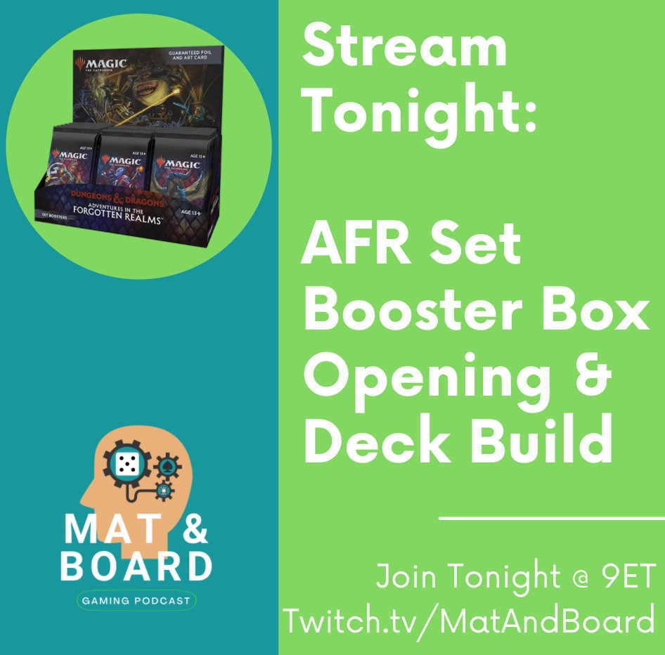 MatAndBoard's tweet photo. Tonight, 9ET, I'll be doing a set booster box opening of Magic's latest set, Adventures in the Forgotten Realms, and building a commander deck with the contents. Even if you don't play MTG, I'll be be fun to join, chat about gaming, and looking at the amazing art. #MTGAFR https://t.co/SRchp5tk8b
