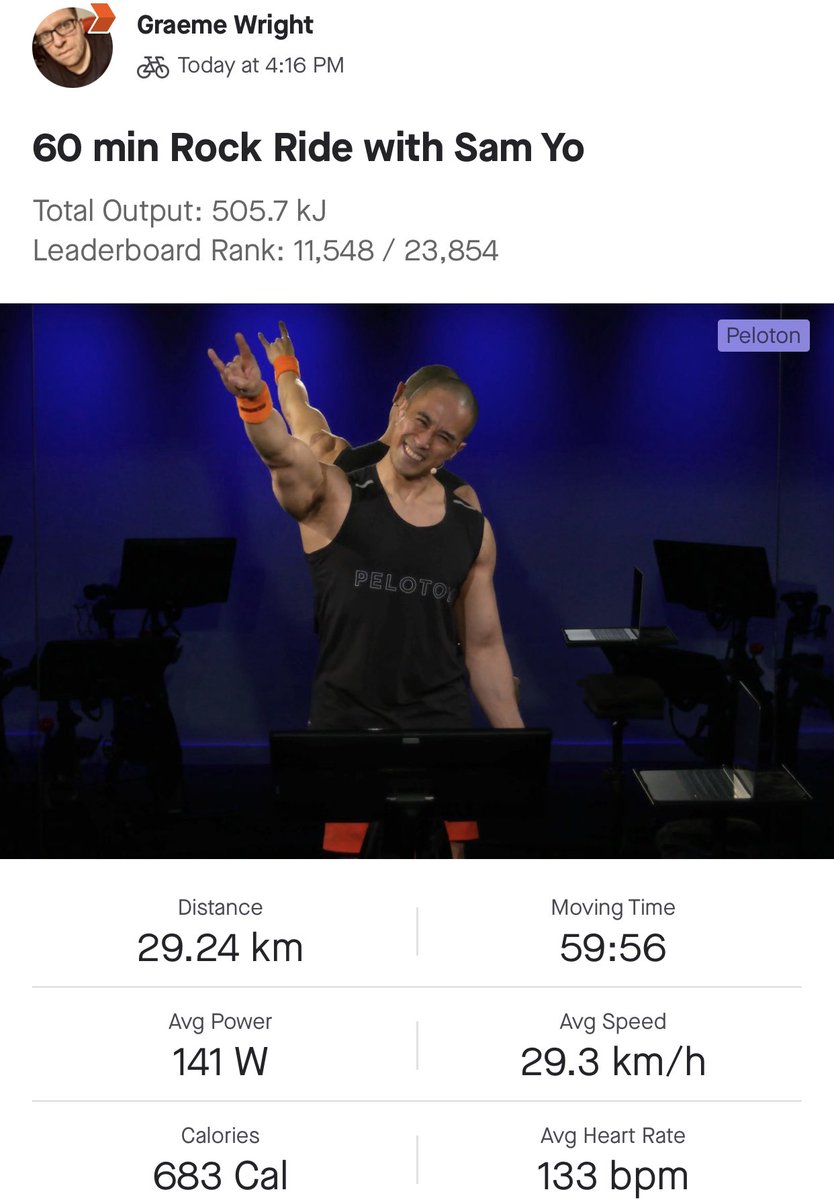 redleaderwright's tweet photo. Back in the @onepeloton hot seat with the master @yoiamsamyo. Another 60 minute session with some amazing tunes! #NoPainNoGain #YesYo #ThisFattyRides #OpFitNotFat https://t.co/fn1eKDu8eV