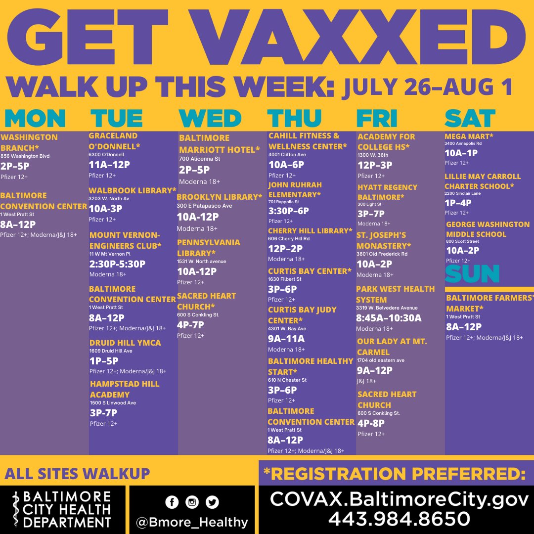 BMore_Healthy's tweet photo. More than 30+ free COVID-19 Vaccine Clinics this week across the City. Start your week by reaching out to your healthcare provider to discuss the benefits of the COVID-19 vaccine. 

Visit https://t.co/kmKfc0dLQD, or call 443-984-8650 for more info. https://t.co/9UusiPO9LI