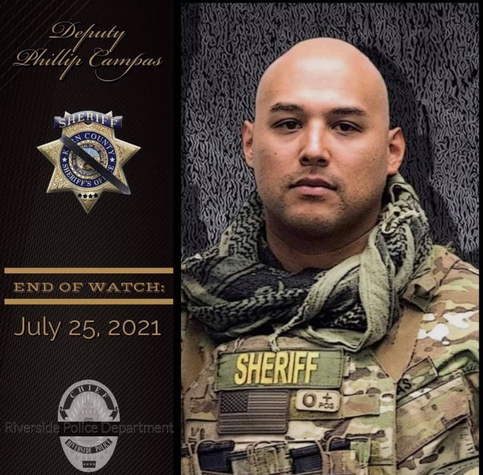 CarlsbadPolice's tweet photo. Our thoughts and prayers are with the @KernCoSheriff, and the family and friends of Deputy Phillip Campas during this time of unimaginable sadness and loss. Deputy Campas was shot and killed and a second Deputy was wounded during a standoff with an armed suspect. #neverforget https://t.co/A7AFaaIyfy