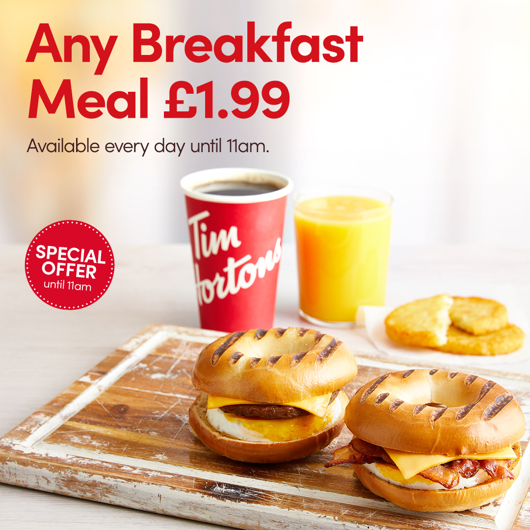Tim Hortons UK on X: Breakfast for £1.99 is still here and helping you  start your day the right way! Choose any breakfast main item, a small hot  drink or orange juice