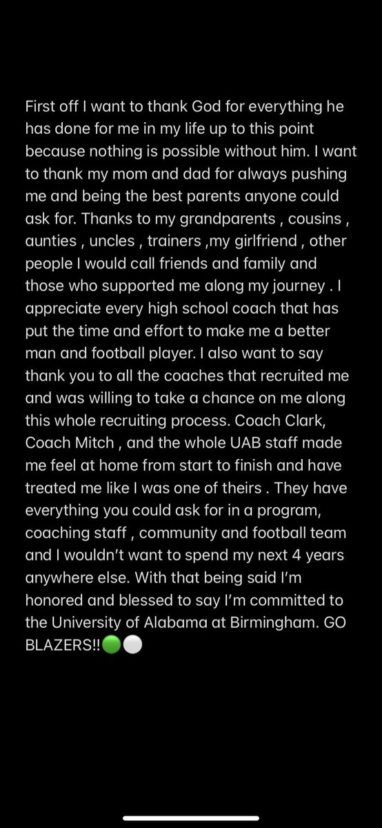 Tdubb334Tre's tweet photo. 1000% Committed!⚪️🟢@CoachBillClark @CoachJayMitch @Blake_Shrader13 @UAB_FB https://t.co/P1czY3he41