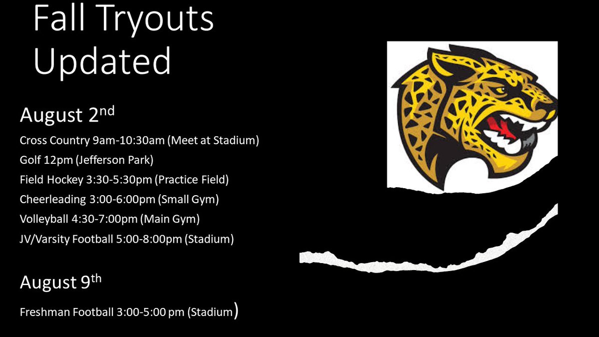 FCJagsAthletics's tweet photo. Updated Times for Fall Tryouts! Make sure to have your physical turned in and you are registered online before tryouts! One week away Jags!! https://t.co/HE547FFuan