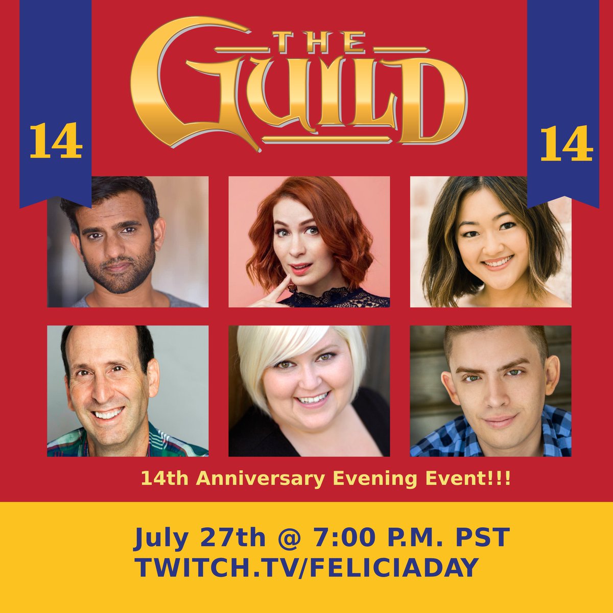 So...@theguild is 14 years old Tuesday?! And we're doing a 2 hour gab-fest to celebrate! We're going to do a live comic reading, take your questions, it will be fun! Come by at 7pm PST! twitch.tv/feliciaday @amyokuda @jeffylew @vincecaso @robinthorsen @sandeepparikh
