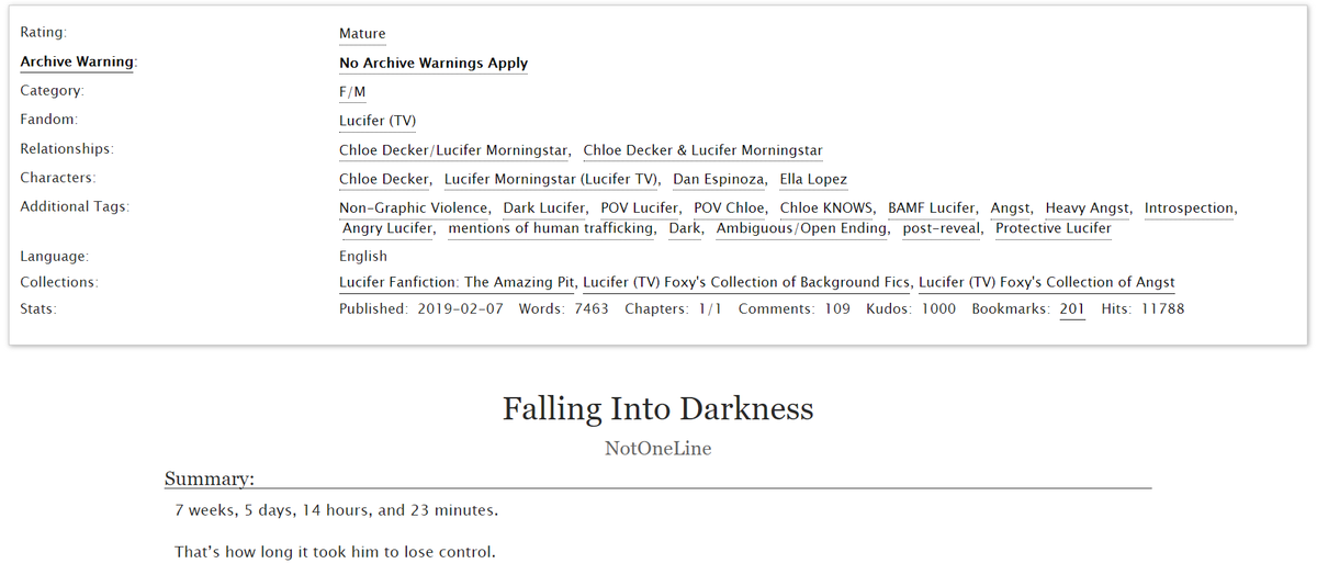 NotOneLineFF's tweet photo. My favourite fic ticked over onto 1000 kudos today!
*happy little dance*
Maybe I should reconsider chapter 2 after all...
https://t.co/MCPuNAvrxW
#LuciferFanfiction #FallingIntoDarkness https://t.co/Bn7YVlYs4k