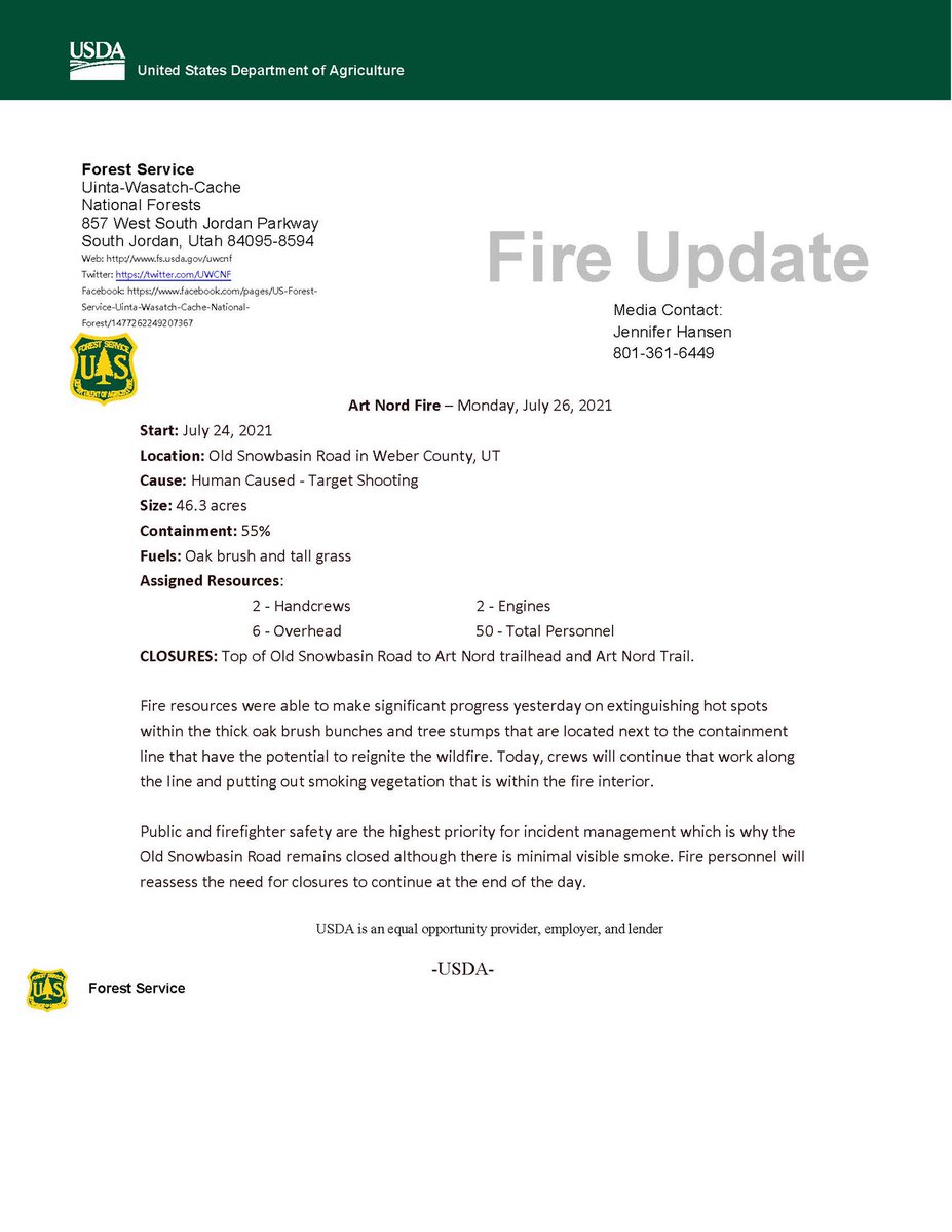 UtahWildfire's tweet photo. #ArtNordfire containment increased to 55% after yesterday’s work by firefighting resources. Old Snowbasin Road still closed to all traffic between Basin View and Art Nord trailhead. #fsjh https://t.co/Vhv48rio7B