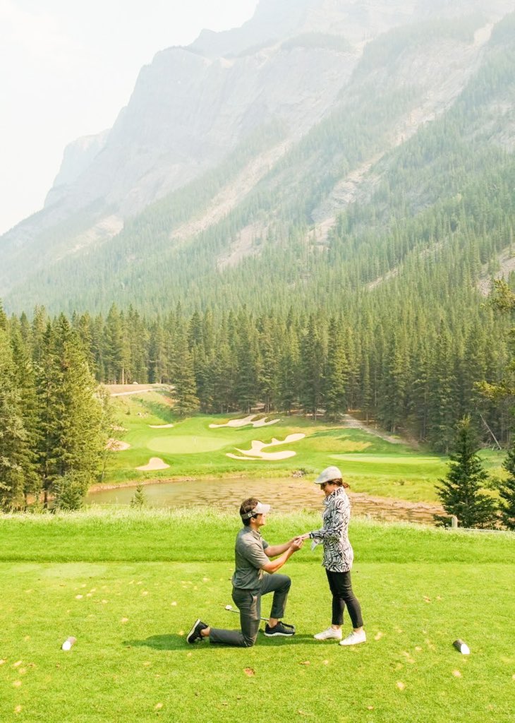 She said YES!!! Congratulations to this happy couple, Julie and Ryan, who got engaged on our iconic hole, the Devils Cauldron! #shesaidyes #banffspringsgolfcourse #golfinbanff #fairmontbanffsprings