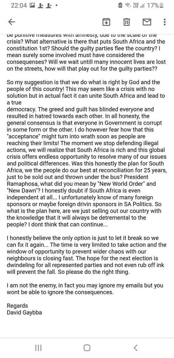DGaybba's tweet photo. The below email to Gov makes me both angry and sad... This and the fact that he lies to the nation and world about insurrection! Now we sit with #PhoenixMassacre brewing and mass division๐๐ปโ๐ป๐ฟ๐ฆ
#IndependentSA #RamaphosaMustResign
#WMCmafiaMustFall https://t.co/iKFgqnrj8u
