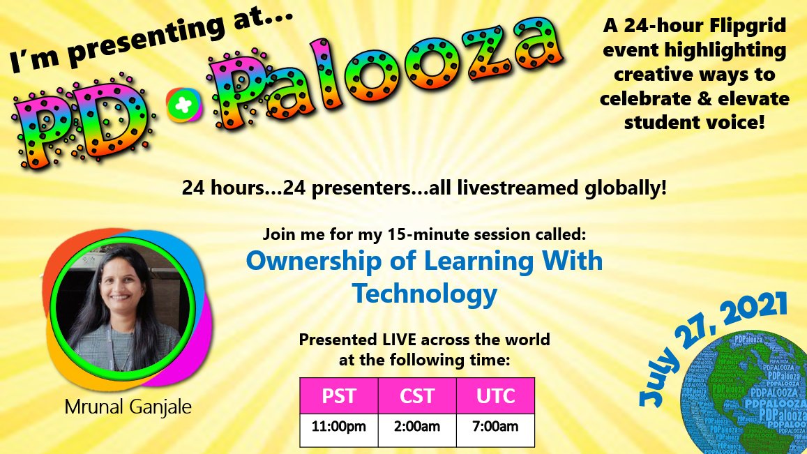 MrunalGanjale's tweet photo. #PDPalooza join us tomorrow
livestreamed 24-hour event 24 presenters &amp; I'm presenter
#FlipgridForAll
Join me LIVE at 12.30 PM IST
U all have 1 surprise for a chance to win a @Flipgrid Swag Pack! 
Set your ⏰now! https://t.co/gLJq41lAwA
@annkozma723 https://t.co/8CWNcrlcBq