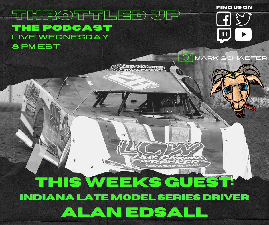 This Week on Throttled Up The Podcast:

P3 Graphix Indiana Pro Late Model Driver
Alan Edsall

8 PM EST - Wednesday
