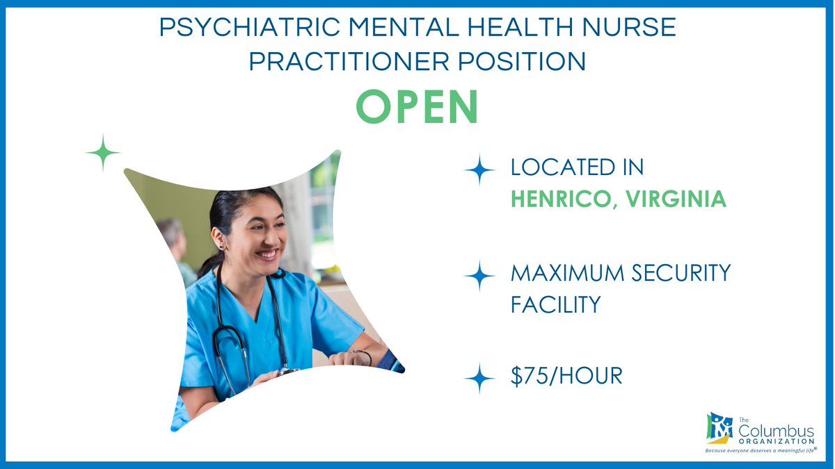 The Columbus Organization has an immediate opening for a Psychiatric Mental Health Nurse Practitioner in HENRICO, VIRGINIA. 

Don't Wait Apply TODAY! bit.ly/2W8jB7P

#Careers #NursePractitionerJobs #JobsinVA #Jobsearch #JobsinVirginia #HenricoVirginiaJobs #Hiring