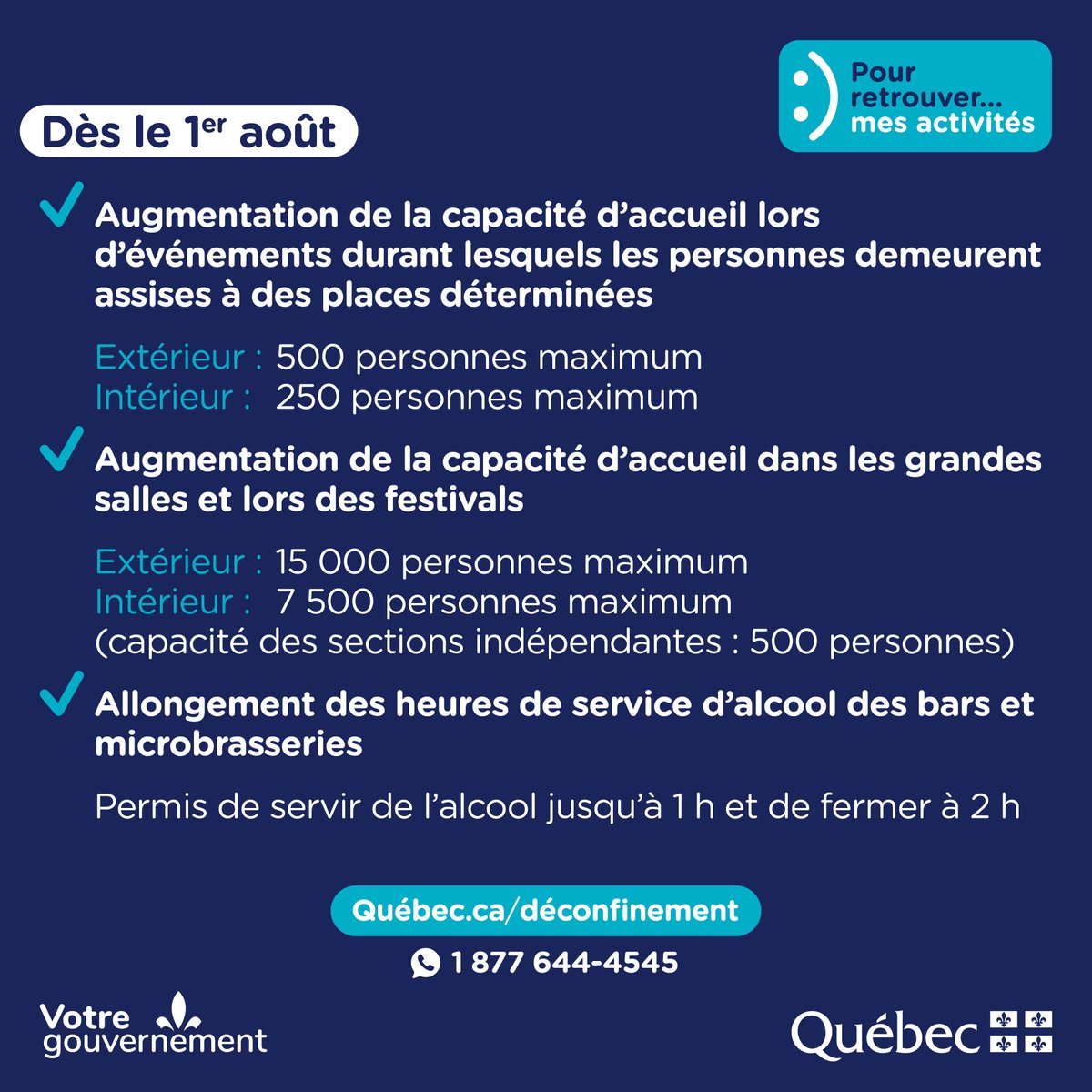 À partir du 1er août, d’autres assouplissements entreront en vigueur pour les salles de spectacles, les festivals ainsi que pour les heures de service d’alcool des bars et microbrasseries. 

Pour plus de détails 👉 quebec.ca/deconfinement