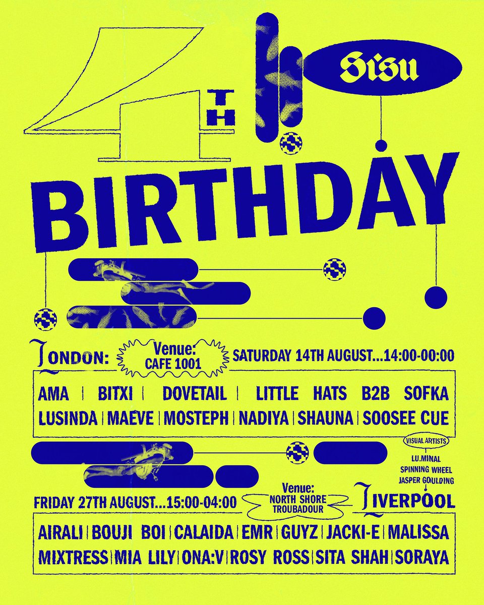Wohoooo Sisu is turning 4!
A big happy birthday to a community inspiring female and non-binary DJs &amp; producers!!

Come and join the celebrations in London Saturday 14th at <a href="/cafe_1001/">Cafe 1001</a> and Liverpool 27th August at @northshoretroubadour 🥳🥳🥳

Artwork is by <a href="/pizza_bab3/">tera dactyl</a>
#sisuturns4