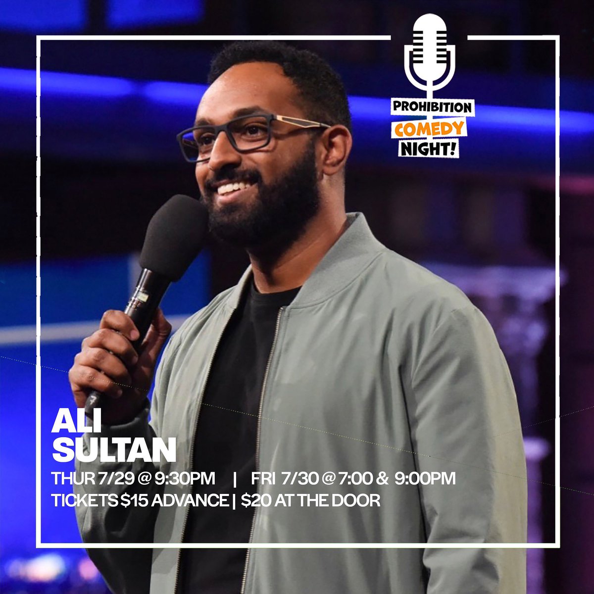 Don't miss Ali Sultan this Thursday and Friday (7/29-7/30) at the Prohibition Comeday Room! @alisultancomedy recently made his network televsion debut on <a href="/colbertlateshow/">The Late Show</a>  has appeared on Comedy Central &amp; his album debuted at #2 on iTunes. 

bit.ly/3ipE4fV