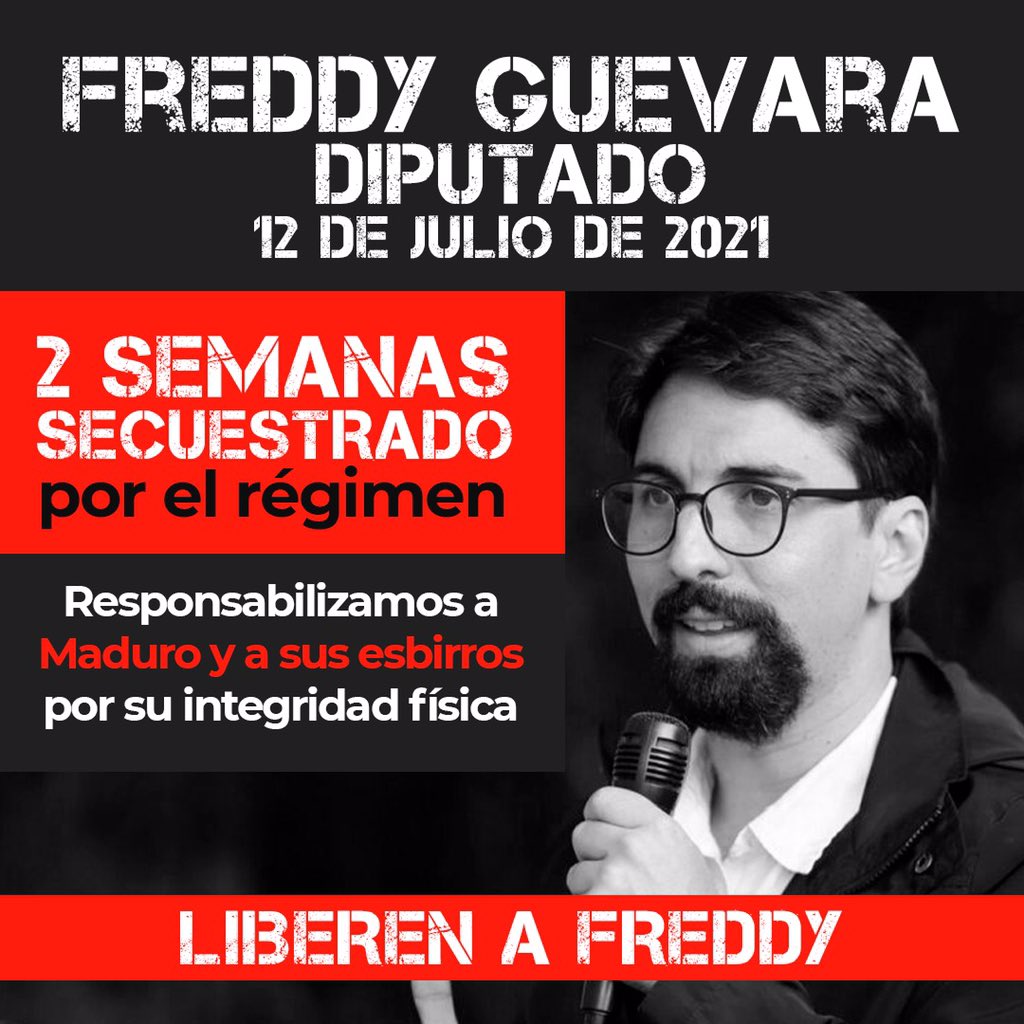 FreddyGuevaraC's tweet photo. Hoy se cumplen dos semanas desde que la dictadura de Maduro secuestró al diputado Freddy Guevara, desde el día de su audiencia ni los abogados ni los familiares han tenido contacto con él. Freddy Guevara y todos los presos políticos deben ser liberados. #LibertadParaFreddyGuevara https://t.co/1Q6FxebqmI