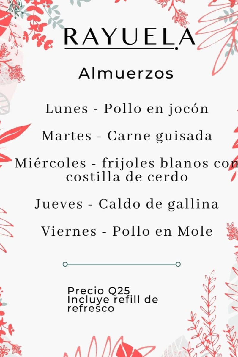 Este es nuestro menú de la semana del 26 al 30 de julio 🌿 Puedes pedir a domicilio al 4741 9360.
Recuerda que todas nuestras opciones de la carta siguen disponibles.
¡Buen provecho!
#RayuelaGT