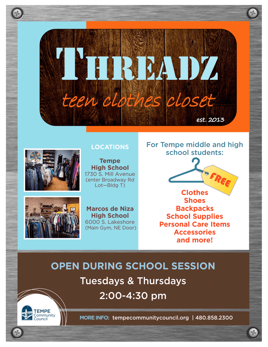 TempeCommunity's tweet photo. School is back in session and so is Threadz! Tempe and Kyrene middle and high school students can visit Threadz for free clothing, school supplies, and hygiene products! Opening day is this Thursday from 2-4:30. See flyer for details or call 480-858-2300 for more info. #threadz https://t.co/1fEtUpu2kB