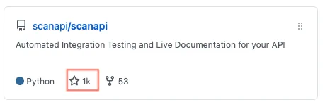 A screenshot of a summary of ScanAPI repo on GitHub. It shows:

- the name (scanapi/scanapi)
- a small description: Automated Integration Testing and Live documentation for your API
- the most used language: python
- the number of stars: 1k
- the number of forks: 53

The number of stars is highlighted with a pinksh/redish (ScanAPI's main color) square