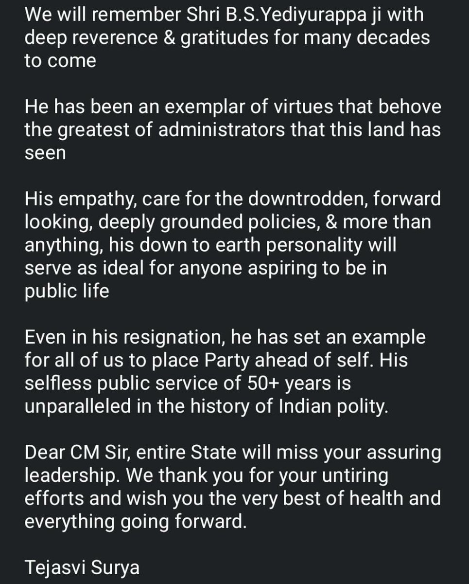 Tejasvi_Surya's tweet photo. People's CM, My CM!

Dear @BSYBJP Ji, we cannot thank you enough for the mighty service you have done to this land and its people.

If the BJP is the most loved party in Karnataka today, it’s greatly because of your relentless hardwork in building the organisation ground up. 

🙏 https://t.co/gTNSrnDuTn