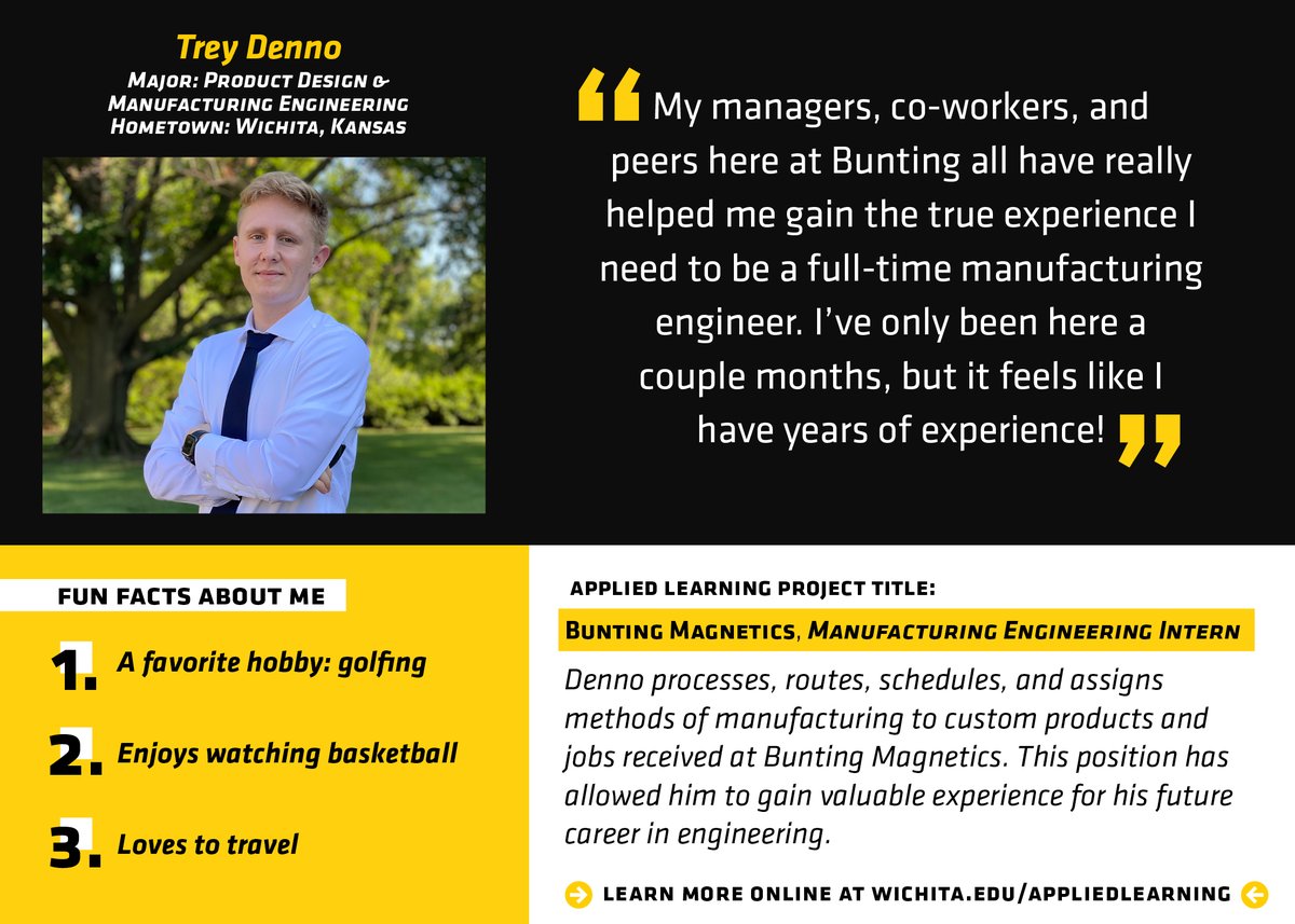 ShockerCareer's tweet image. We are celebrating 🎉 #NationalInternWeek by highlighting some of @WichitaState's awesome interns! 👏 Congrats to @WSUEngineering major, @TreyDenno for interning with @Bunting_Newton ⚙️, your hard work is appreciated &amp;amp; valued! 

 #MyCareerStartsHere #WSUNow #AppliedLearning