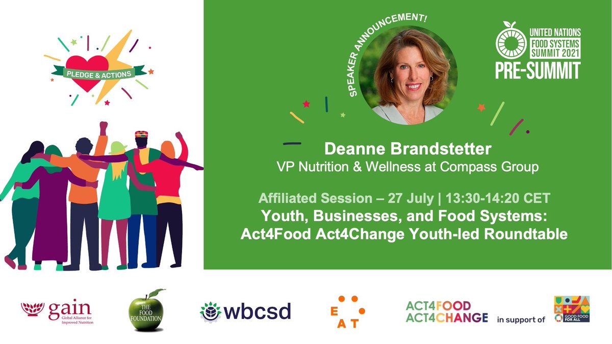 On July 27, our very own Deanne Brandstetter, VP of Nutrition &amp; Wellness, will speak @ the @UnitedNations Pre-Summit on food systems. Join to hear business leaders &amp; young people discuss how we can all transform the global #foodsystem: bit.ly/3i7qY8l #UNFSS2021 #Act4Food