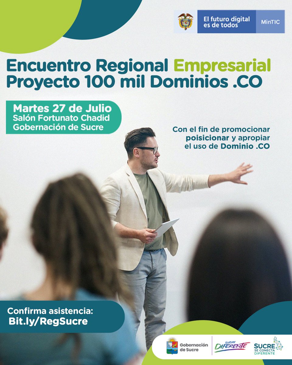 conectandosucre's tweet photo. Asiste al Encuentro Regional Empresarial👨🏻‍💼👩🏻‍💼 en el marco del proyecto 100 mil dominio .CO, mañana martes 27 de julio desde las 11:00 a.m, en Salón Fortunato Chadid de la Gobernación de Sucre. 

Confirma asistencia aquí: https://t.co/WD0OQyDj1y https://t.co/fViOYkXLql