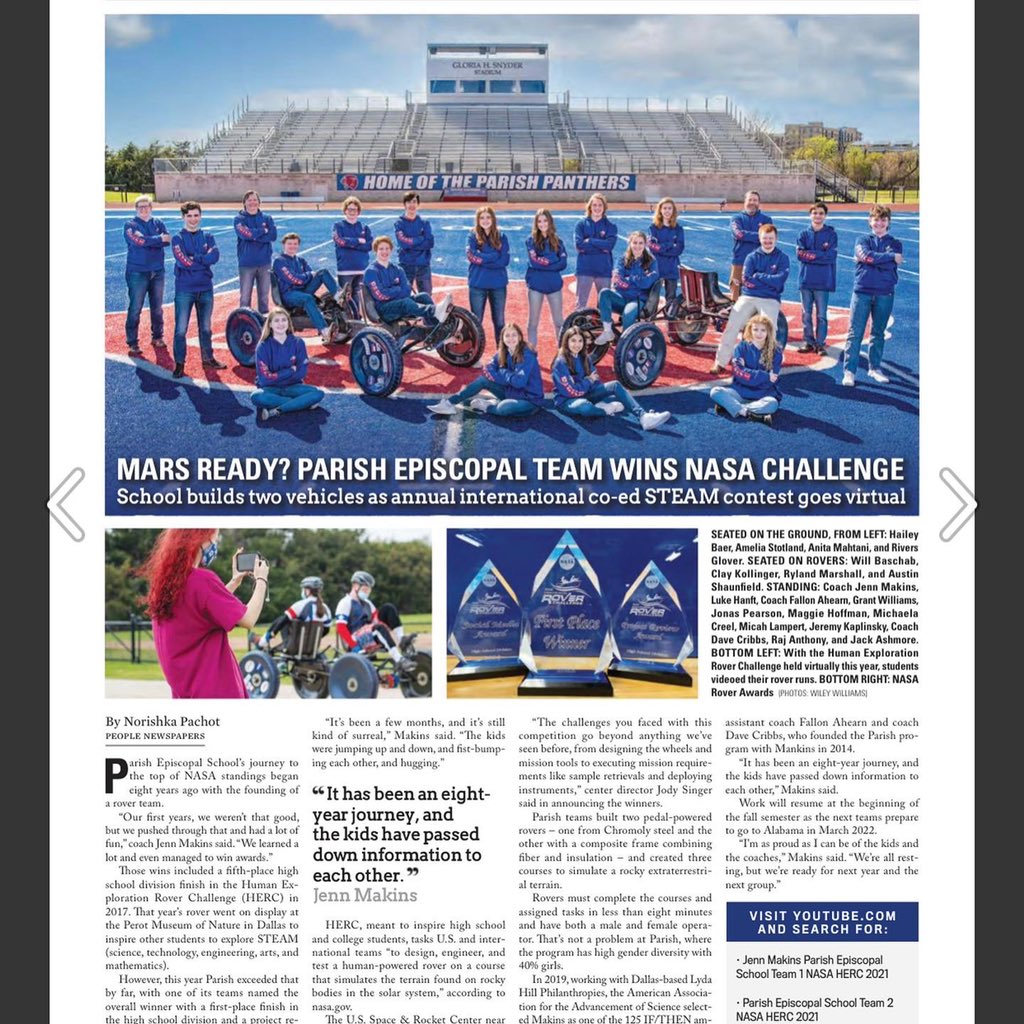 JMakins79's tweet photo. Thnx @phollowpeople 4 the gr8 article &amp; cover celebrating @parishepiscopal @RoverChallenge team’s 1st place win at the @nasa #roverchallenge2021! #pantherproud #letsroll #worldchamps @parishcribbs @ParishStem https://t.co/E189VW55Jn