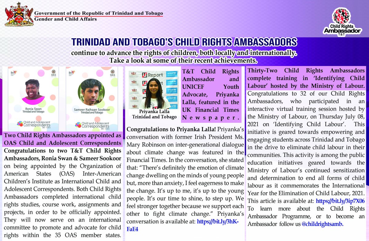 ChildRightsAmb's tweet photo. #ICYMI 
Please see the news story published in this weekend's newspapers, highlighting the feats of our National Child Rights Ambassadors. 

#ChildRightsAmbassadors #YouthAchievement https://t.co/YaHJ4UY5iz