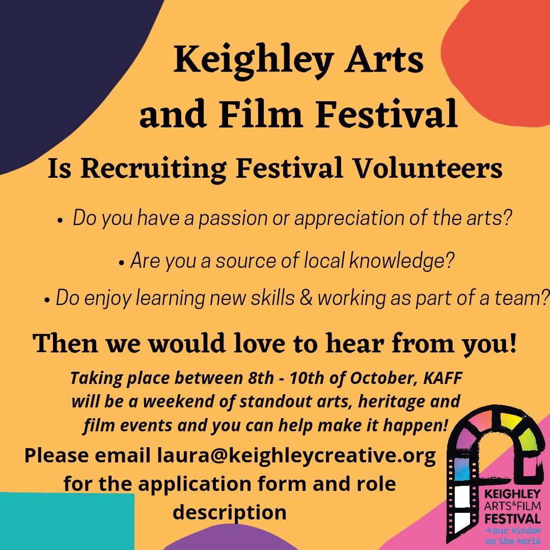 WE'RE RECRUITING FESTIVAL VOLUNTEERS!! 🎭🎥🎞️🎪🤹‍♂️💃🏾

Keighley Arts &amp; Film Festival is taking place between Friday 8th and Sunday 10th of October 2021 and we need you to make it happen!
Full training will be given including first aid

Sign up here 👇👇👇
forms.gle/QmoCJcsLF3zxzz…