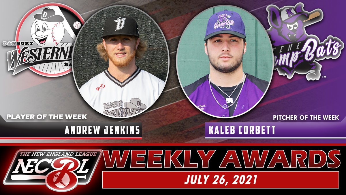 𝙒𝙚𝙚𝙠 8️⃣ 𝘼𝙬𝙖𝙧𝙙𝙨 🏆

#NECBL Player of the Week: 
<a href="/danbwesterners/">Danbury Westerners</a> 1B Andrew Jenkins (<a href="/GTBaseball/">Georgia Tech Baseball</a>)

#NECBL Pitcher of the Week: 
<a href="/swampbats_keene/">Keene SwampBats</a> RHP Kaleb Corbett (<a href="/LouisvilleBSB/">Louisville Baseball</a>)

👏👏👏

🔗 bit.ly/Week8Awards