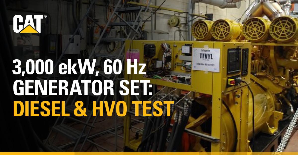 Cat C3516E generator set with text overlay that reads "3,000 ekW, 60Hz Generator Set: Diesel & HVO Test"