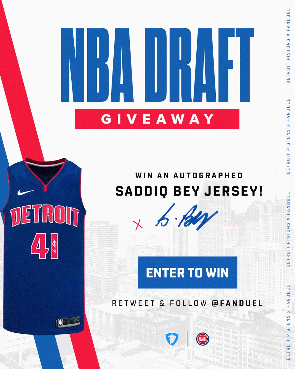 FanDuel's tweet photo. 🚨 GIVEAWAY ALERT 🚨

The @DetroitPistons have the 1st overall pick in the NBA Draft, so we're giving away a signed Saddiq Bey jersey!

Want to win? Here’s how to enter:
1️⃣ RT this 
2️⃣ FOLLOW us: @fanduel

1 winner will be selected at random on 8/7
Rules: https://t.co/zGhBmCvDLz https://t.co/icVnHEG8tg