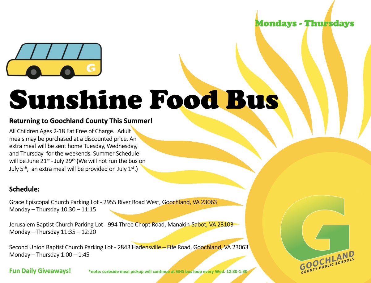 DID YOU KNOW that you can get books, food, and your vaccine at some of our Sunshine Food Bus locations this Wednesday (7/28)?  Check these flyers out for more information!