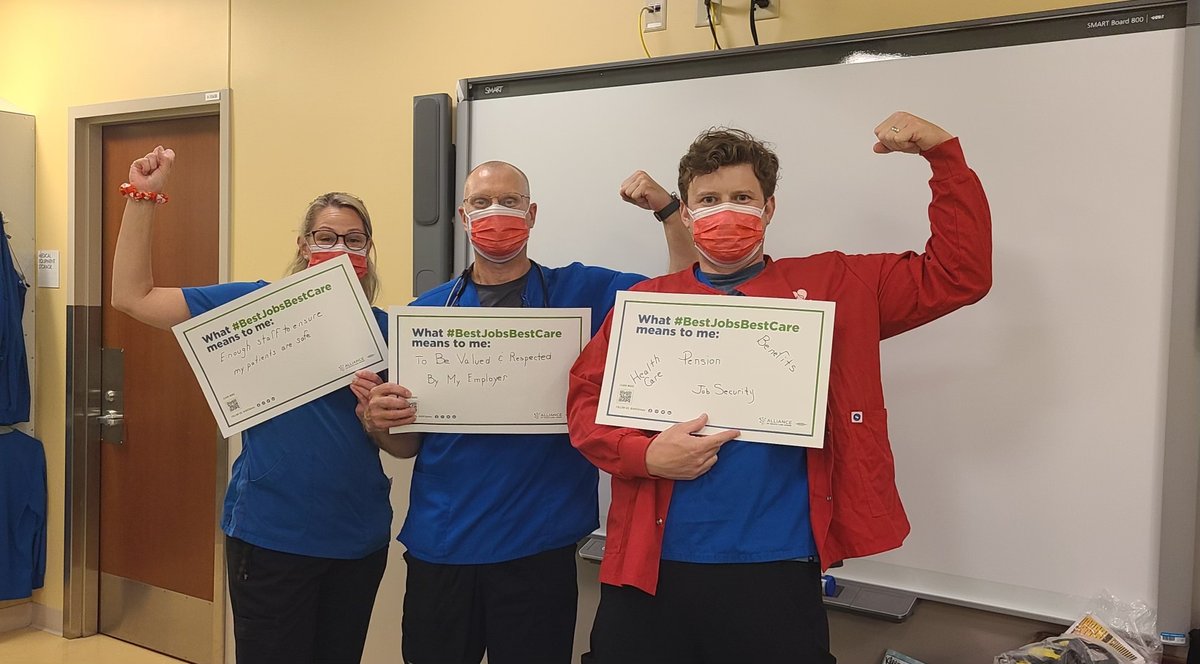 OFNHP's tweet photo. Today we begin a week of action as part of the @AHCunions, where our members at @KPNorthwest use signs to say what they think #BestJobsBestCare means for them. It means #safestaffing, good benefits, and a voice on the job. Let's work together for #HealthcareJustice! https://t.co/yIgQPJdceZ