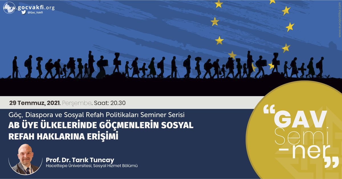 Göç, Diaspora ve Sosyal Refah Politikaları Seminer Serimiz Prof. Dr. Tarık Tuncay'ın(<a href="/tariktuncay/">Tarık Tuncay 🎓</a>) AB üye ülkelerinde göçmenlerin sosyal refah haklarına erişimini ele alacağı beşinci seminerimizle devam ediyor! Seminerimize bağlantıdan kayıt olabilirsiniz: bit.ly/3kV7UM7