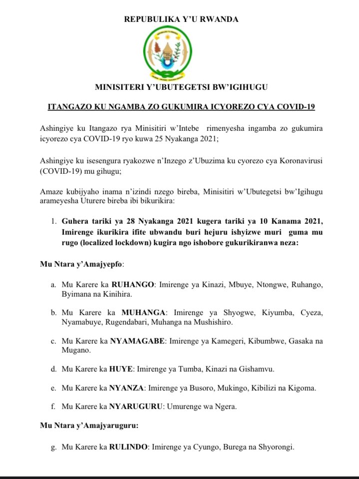 RwandaLocalGov's tweet photo. ITANGAZO KU NGAMBA ZO GUKUMIRA ICYOREZO CYA #COVID-19: 

Imirenge imwe n'imwe mu turere dutandukanye ishyizwe muri #GumaMuRugo. https://t.co/uM4GMQowq3