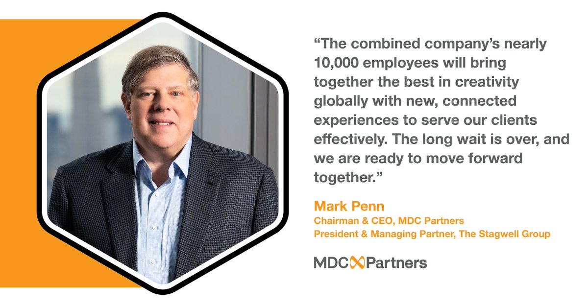 MDC Partners Chairman and CEO <a href="/Mark_Penn/">Mark Penn</a> shares comments on today’s shareholder approval of the proposed business combination with <a href="/stagwell/">Stagwell</a>. hubs.la/H0T4xVh0 #TransformingMarketing #BetterTogether #FutureisBright