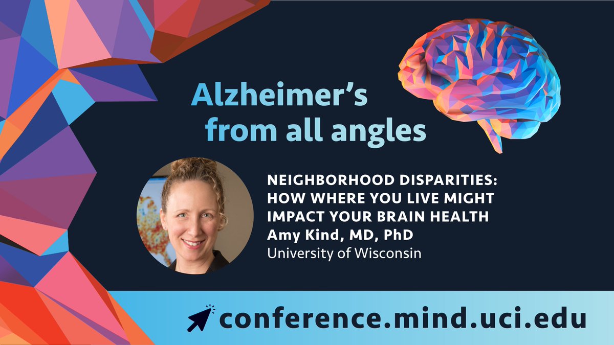 ucimind's tweet photo. 🏘Sept. 10th Virtual #Alzheimers Research Conference #AlzAngles:

Dr. Amy Kind from @UWMadison will be speaking on neighborhood #disparities and brain health.

Register for free: https://t.co/UPC4AHfh1W

-----
Dr. Kind is speaking today at #AAIC #AAIC2021: https://t.co/ys9OYSTwNW https://t.co/LhEc7eEl6k