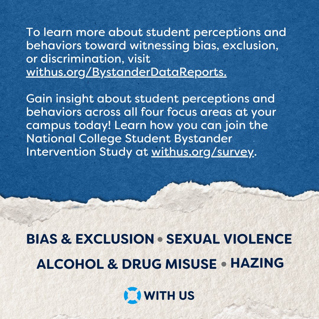 This academic year, 54% of students witnessed acts of bias, exclusion, or discrimination, but not even half of these bystanders stepped in to help. 

Learn how you can join the National College Student Bystander Intervention Study at withus.org/survey.

#WITHUS #NCSBIS